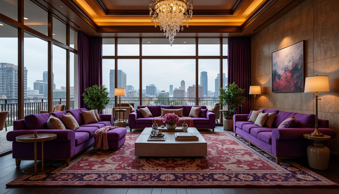 Prompt: Luxurious living room, plush velvet sofas, intricately patterned rugs, richly textured walls, warm golden lighting, ornate wooden furniture, crystal chandeliers, lavish drapery, sumptuous throw blankets, soft sheen fabrics, vibrant jewel-toned colors, regal purple accents, sophisticated neutral backgrounds, elegant lines, refined upholstery, opulent decorative elements, majestic high ceilings, panoramic windows, breathtaking city views, warm cozy atmosphere.