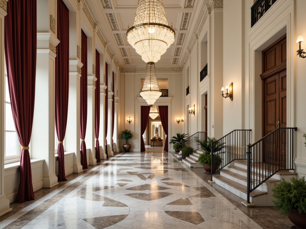 Prompt: Elegant classic mansion, ornate facade, ivory white columns, richly patterned marble floors, intricately carved wooden doors, ornamental metal railings, grand crystal chandeliers, luxurious velvet drapes, refined moldings, subtle warm lighting, shallow depth of field, 2/3 composition, soft focus, realistic textures, ambient occlusion.