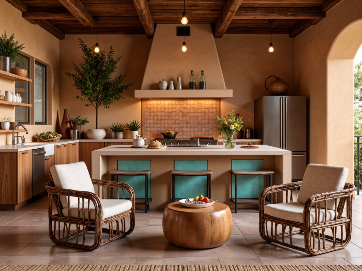 Prompt: Southwestern kitchen, warm earthy tones, rustic wooden cabinetry, terracotta tile backsplash, sandy beige countertops, turquoise glass accents, woven textiles, rattan furniture, natural stone flooring, pendant lighting, warm ambient glow, shallow depth of field, 1/1 composition, realistic textures, vibrant cultural patterns.