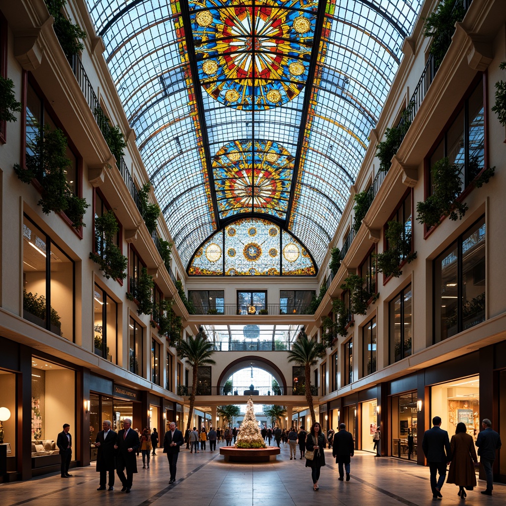 Prompt: Vibrant shopping mall, stunning stained glass ceiling, kaleidoscope colors, intricate patterns, natural light filtering, modern architecture, sleek steel beams, polished marble floors, bustling crowd, lively atmosphere, dramatic vertical space, 1/1 composition, warm soft lighting, shallow depth of field, realistic reflections, ambient occlusion.