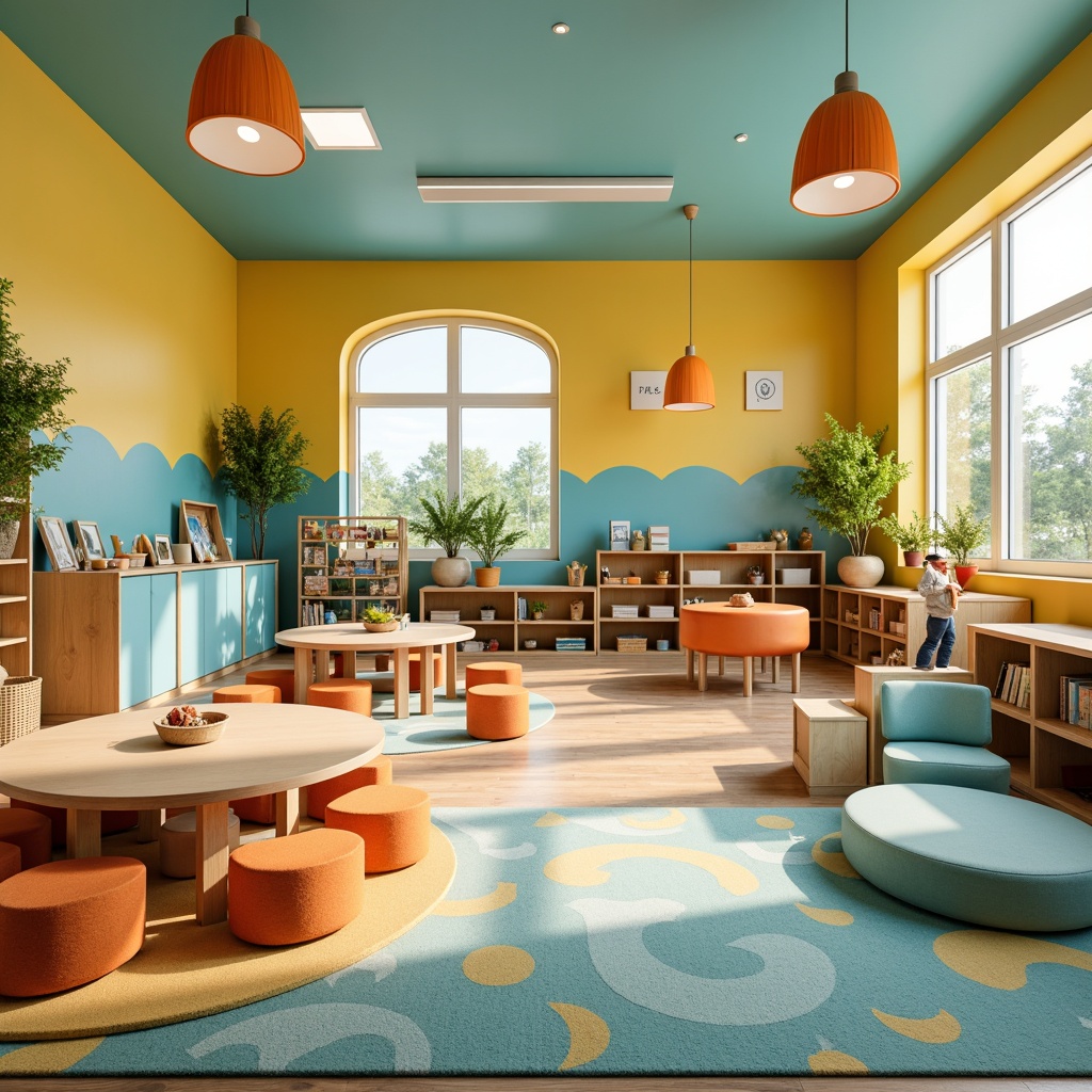 Prompt: Vibrant kindergarten classroom, playful color scheme, soft pastel hues, calming yellow walls, soothing blue accents, energetic orange furniture, whimsical green decorations, natural wood textures, stimulating learning environment, interactive play areas, cozy reading nooks, imaginative art stations, circular tables, comfortable seating, abundant natural light, warm gentle lighting, shallow depth of field, 1/1 composition, realistic textures, ambient occlusion.