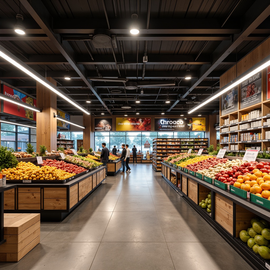 Prompt: Modern grocery store interior, sleek shelving units, abundant produce displays, vibrant product packaging, clear signage with bold fonts, eye-catching advertisements, promotional banners, digital screens, rustic wood accents, polished metal fixtures, warm overhead lighting, shallow depth of field, 1/1 composition, realistic textures, ambient occlusion.