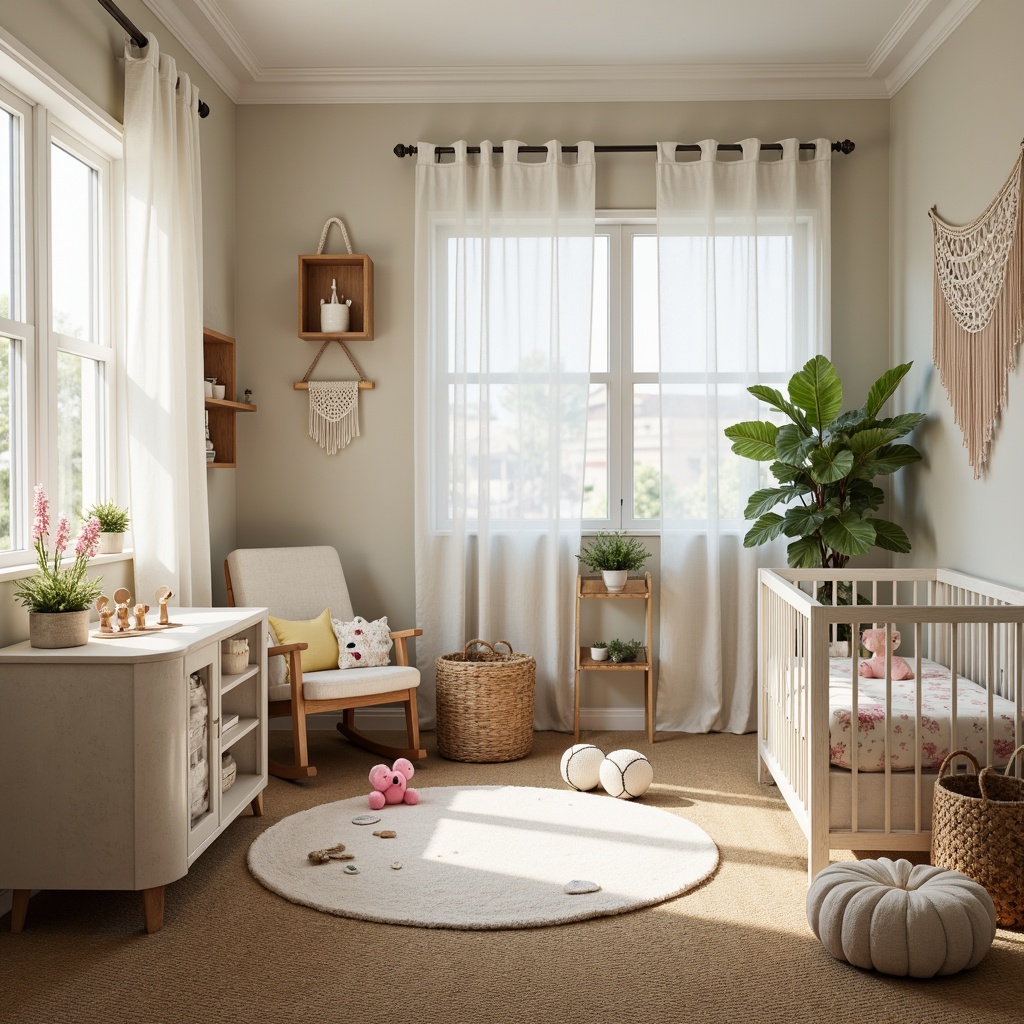 Prompt: Whimsical nursery, soft pastel colors, delicate floral patterns, white crib, plush toys, gentle lighting, sheer curtains, vintage furniture, distressed wood accents, woven baskets, macrame wall hangings, artificial greenery, warm beige carpet, cozy reading nook, comfortable glider, natural textiles, subtle shine, 1/1 composition, soft focus, romantic ambiance.