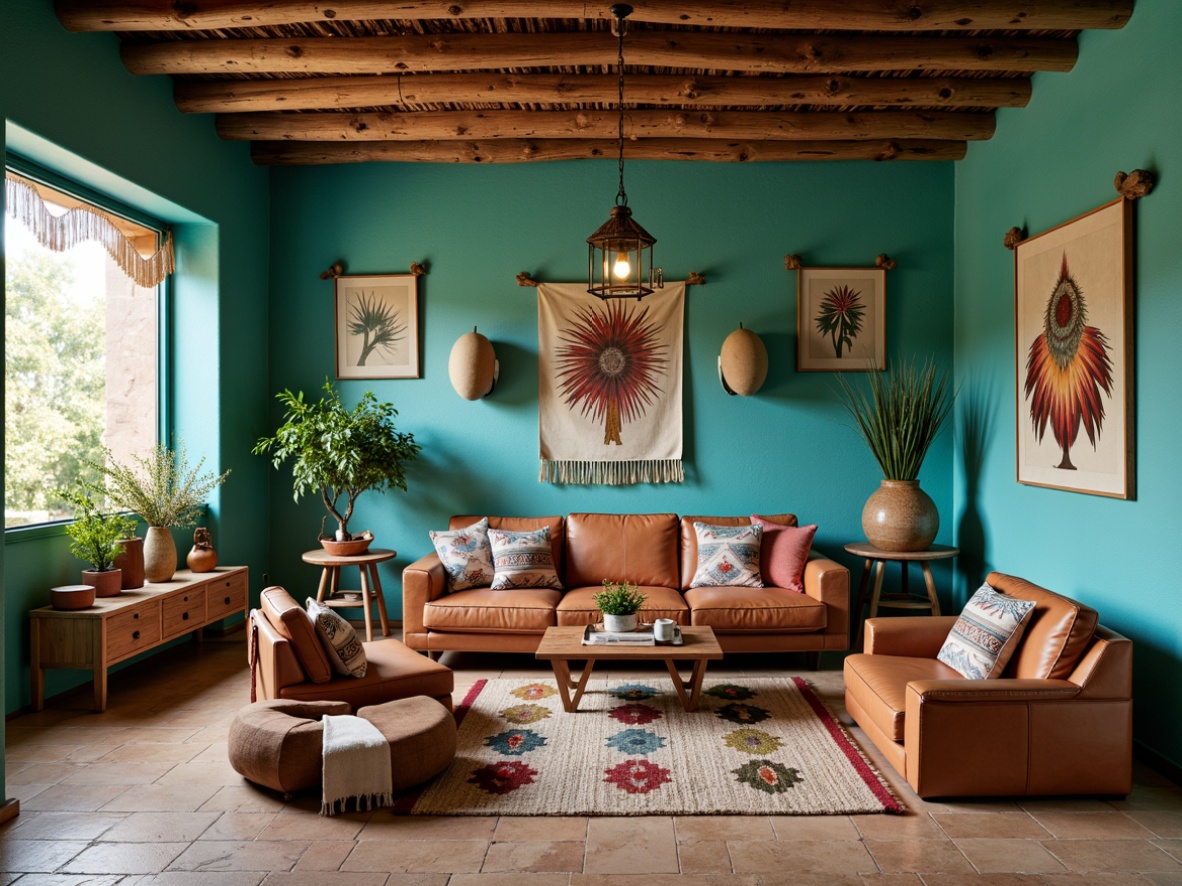 Prompt: Vibrant turquoise walls, rustic wooden accents, woven Navajo-inspired rugs, macrame plant holders, distressed leather furniture, ornate metal lanterns, colorful Aztec-printed throw pillows, natural fiber window treatments, earthy terracotta vases, desert botanical prints, warm beige stone flooring, rough-hewn wooden beams, soft warm lighting, shallow depth of field, 1/1 composition, realistic textures, ambient occlusion.