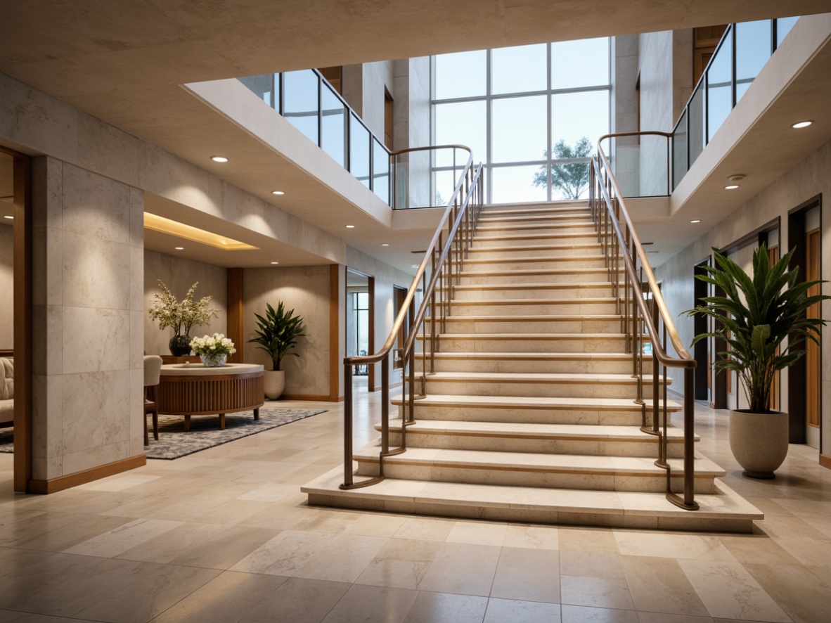 Prompt: Sleek modern staircase, elegant balustrades, curved metal railings, glass or wooden handrails, minimalist design, luxurious materials, polished chrome or brass accents, LED lighting installations, geometric patterns, smooth stone or marble flooring, spacious open-plan interior, high ceilings, abundant natural light, 1/2 composition, shallow depth of field, soft warm glow.