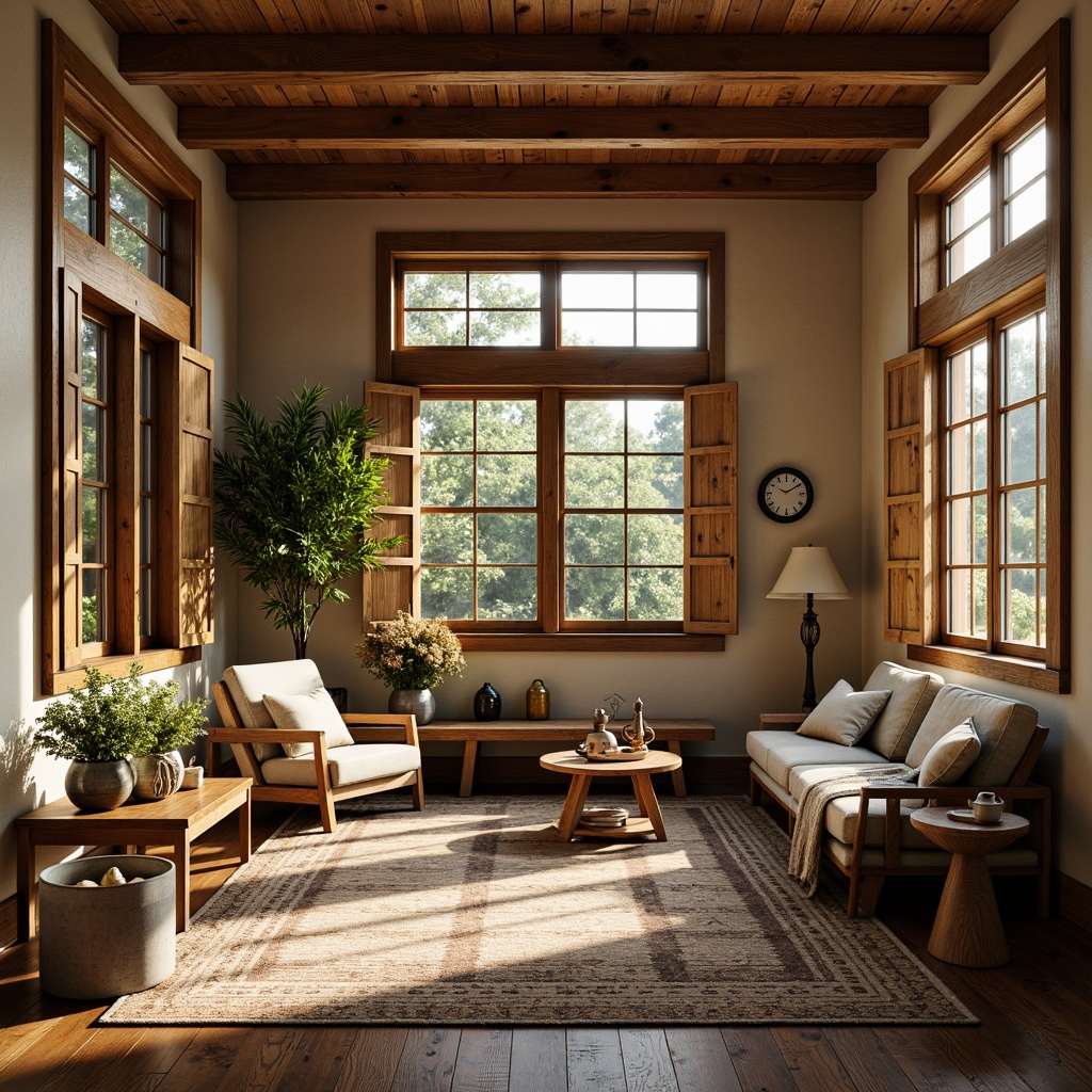 Prompt: Cozy craftsman interior, abundant natural light, large windows, wooden shutters, rustic wooden beams, earthy color palette, plush area rugs, comfortable armchairs, soft cushions, warm textiles, vintage decorative items, distressed wood accents, rich wood tones, subtle patterns, organic shapes, nature-inspired motifs, warm afternoon sunlight, gentle shadows, soft focus, shallow depth of field, 1/2 composition, realistic textures, ambient occlusion.