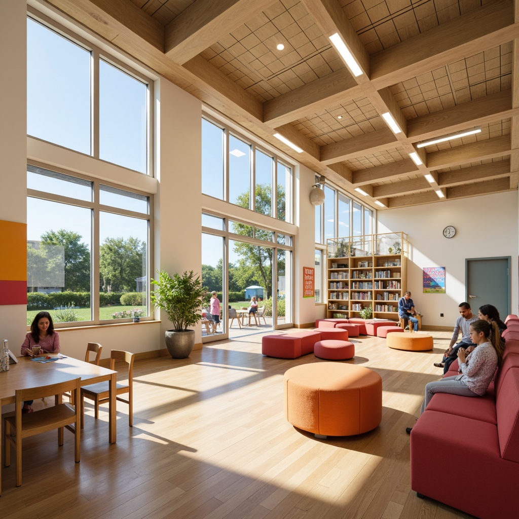 Prompt: Vibrant school interior, natural light pouring in, warm wooden flooring, soft pastel-colored walls, energy-efficient LED lighting, suspended ceiling fixtures, table lamps, floor lamps, cozy reading nooks, collaborative learning spaces, flexible furniture arrangements, inspirational quotes, colorful artwork displays, minimalist shelving units, acoustic panels, sound-absorbing materials, calming ambiance, gentle color temperature, 1/2 composition, soft focus, subtle shadows.