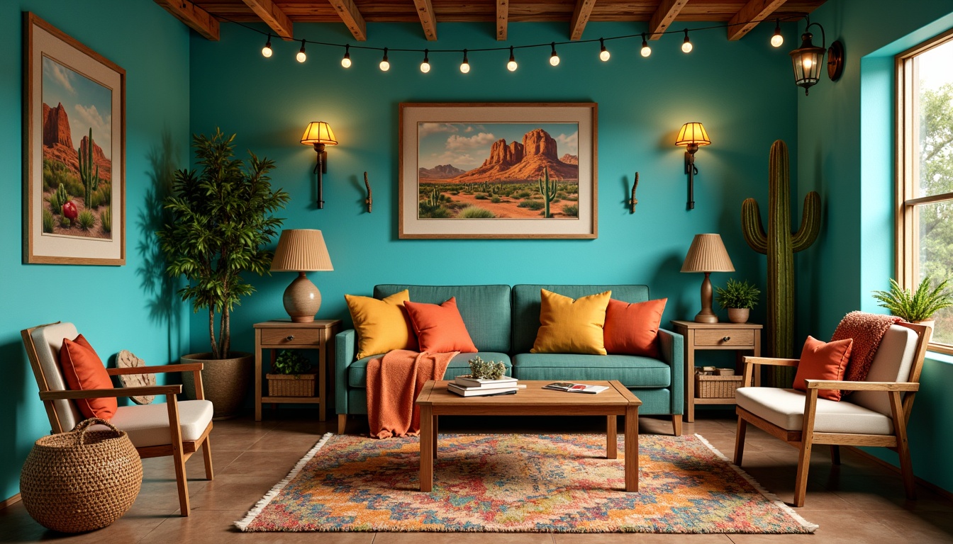 Prompt: Vibrant turquoise walls, rustic wooden furniture, woven Native American-inspired baskets, colorful kilim rugs, plush cactus-shaped pillows, desert landscape artwork, warm golden lighting, table lamps with terra cotta shades, string lights with mini sombreros, floor lamps with woven wicker shades, cozy reading nook with soft blanket, sunny day ambiance, shallow depth of field, 1/1 composition, realistic textures, ambient occlusion.