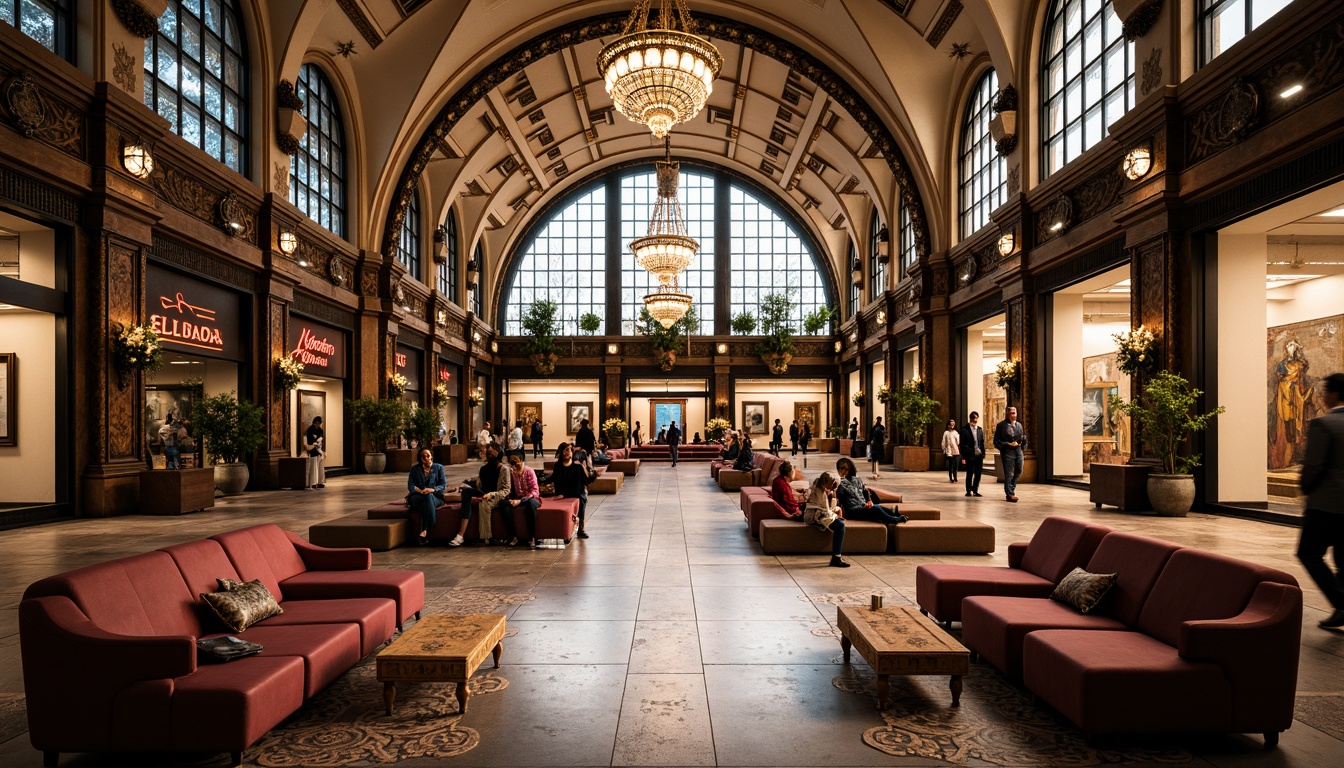 Prompt: Grand metro station, ornate ironwork, flowing curvilinear lines, luxurious wooden benches, intricately carved wooden panels, stained glass ceilings, mosaic tile flooring, elegant chandeliers, bronze sculptures, plush velvet sofas, curved metal railings, decorative metal filigree, soft warm lighting, 3/4 composition, shallow depth of field, realistic textures, ambient occlusion.