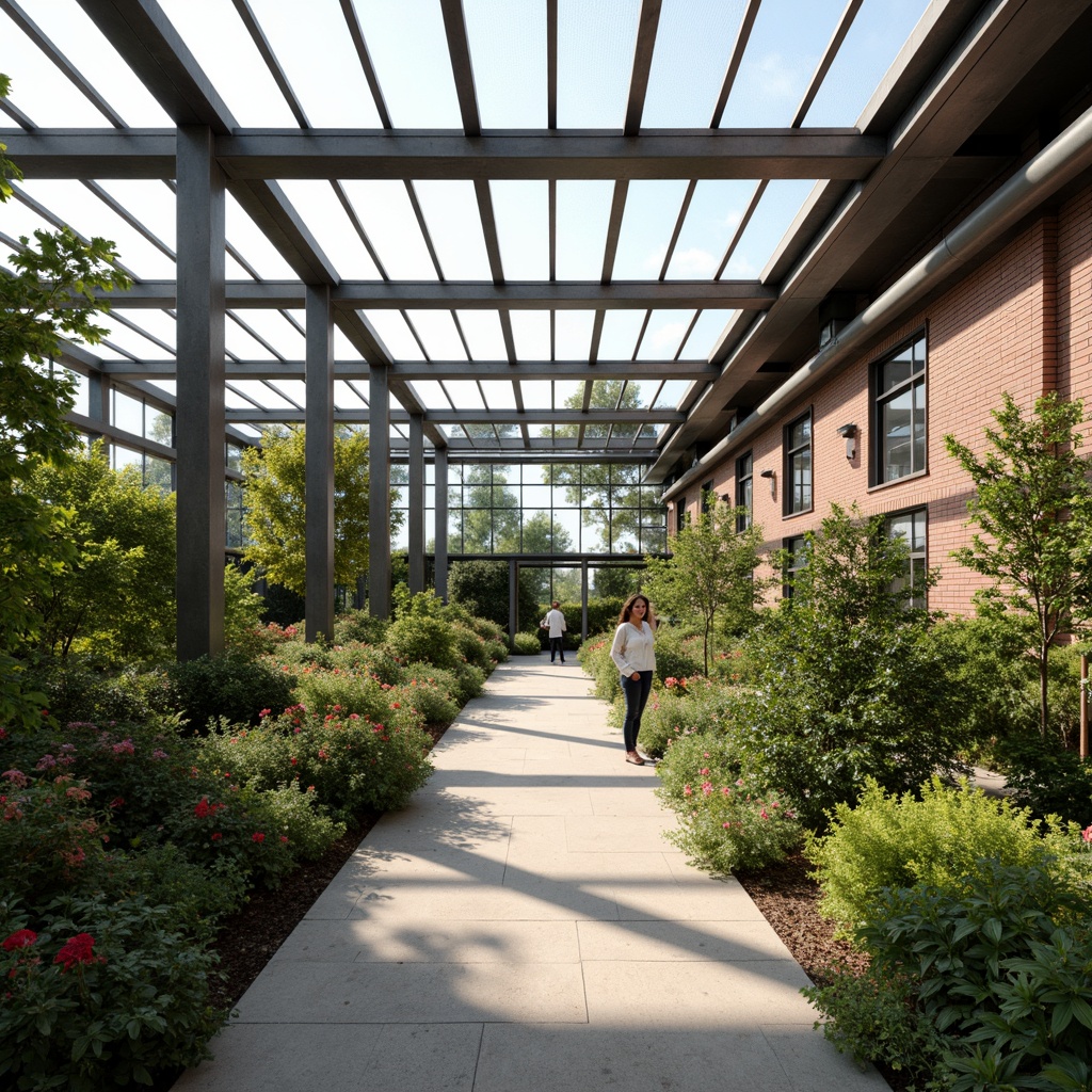 Prompt: Minimalist Bauhaus greenhouse, abundant natural light, sleek metal frames, transparent glass roofs, lush greenery, vibrant flowers, modern irrigation systems, industrial-style pipes, exposed brick walls, polished concrete floors, functional design, airy atmosphere, soft warm lighting, shallow depth of field, 1/1 composition, panoramic view, realistic textures, ambient occlusion.