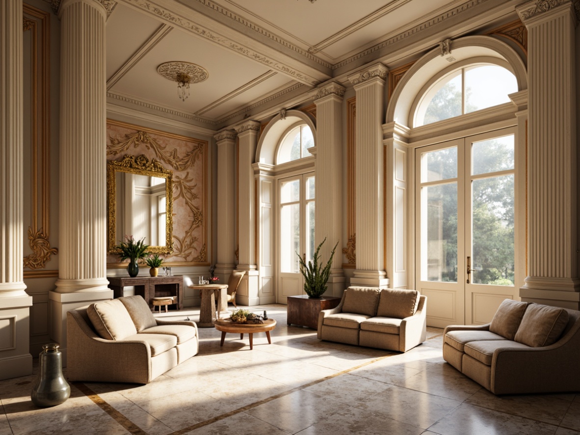 Prompt: Elegant neoclassical architecture, grandiose columns, ornate details, lavish furnishings, rich velvet fabrics, soft golden lighting, muted earth tones, creamy whites, warm beiges, subtle grays, ornamental patterns, intricate moldings, luxurious marble floors, high ceilings, dramatic archways, symmetrical compositions, classical proportions, subtle textures, realistic renderings.