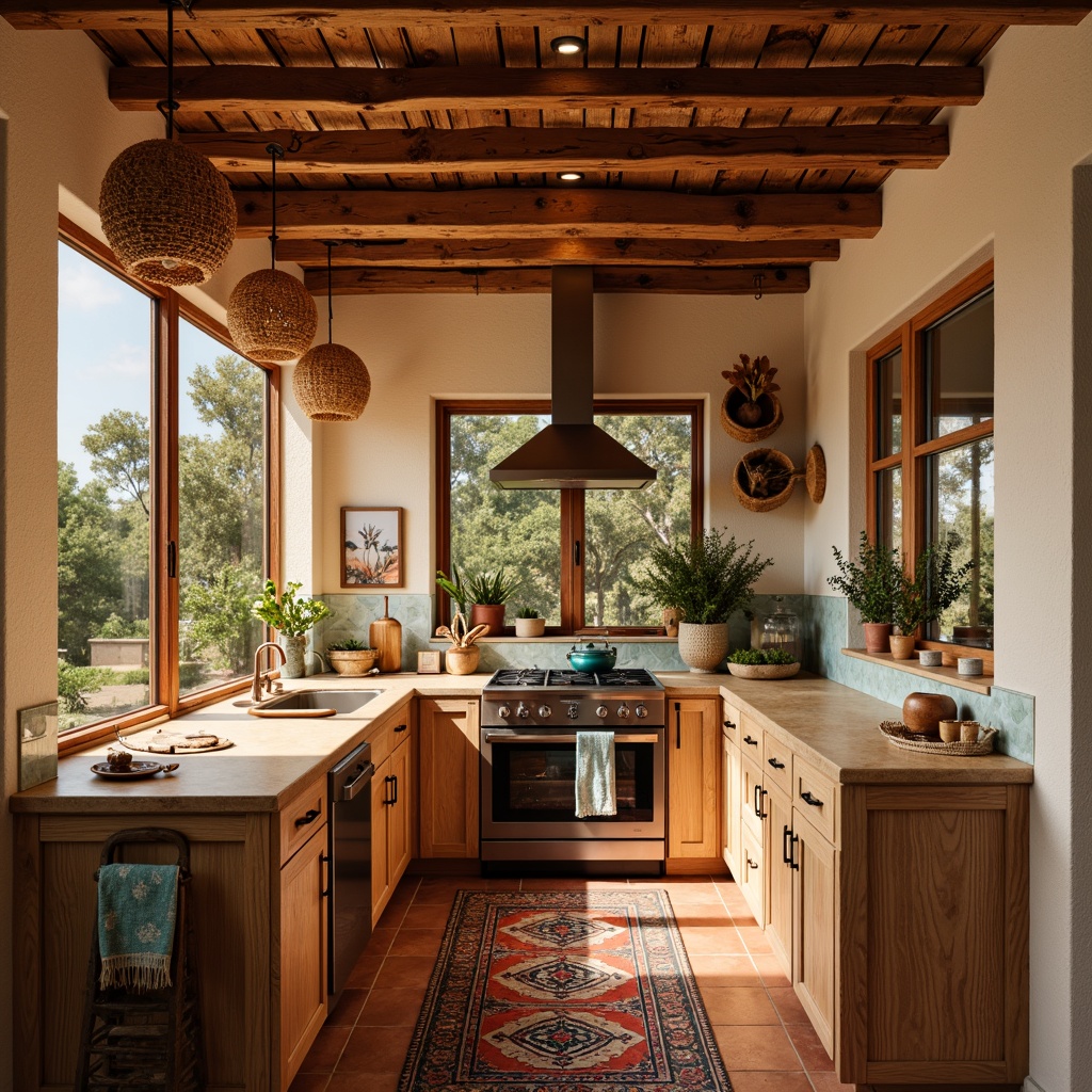 Prompt: \Southwestern kitchen, warm earthy tones, terracotta flooring, sandy beige countertops, rustic wooden cabinetry, turquoise accents, vibrant color textiles, woven baskets, natural stone backsplash, pendant lighting fixtures, copper hardware, warm soft lighting, shallow depth of field, 3/4 composition, realistic textures, ambient occlusion.\