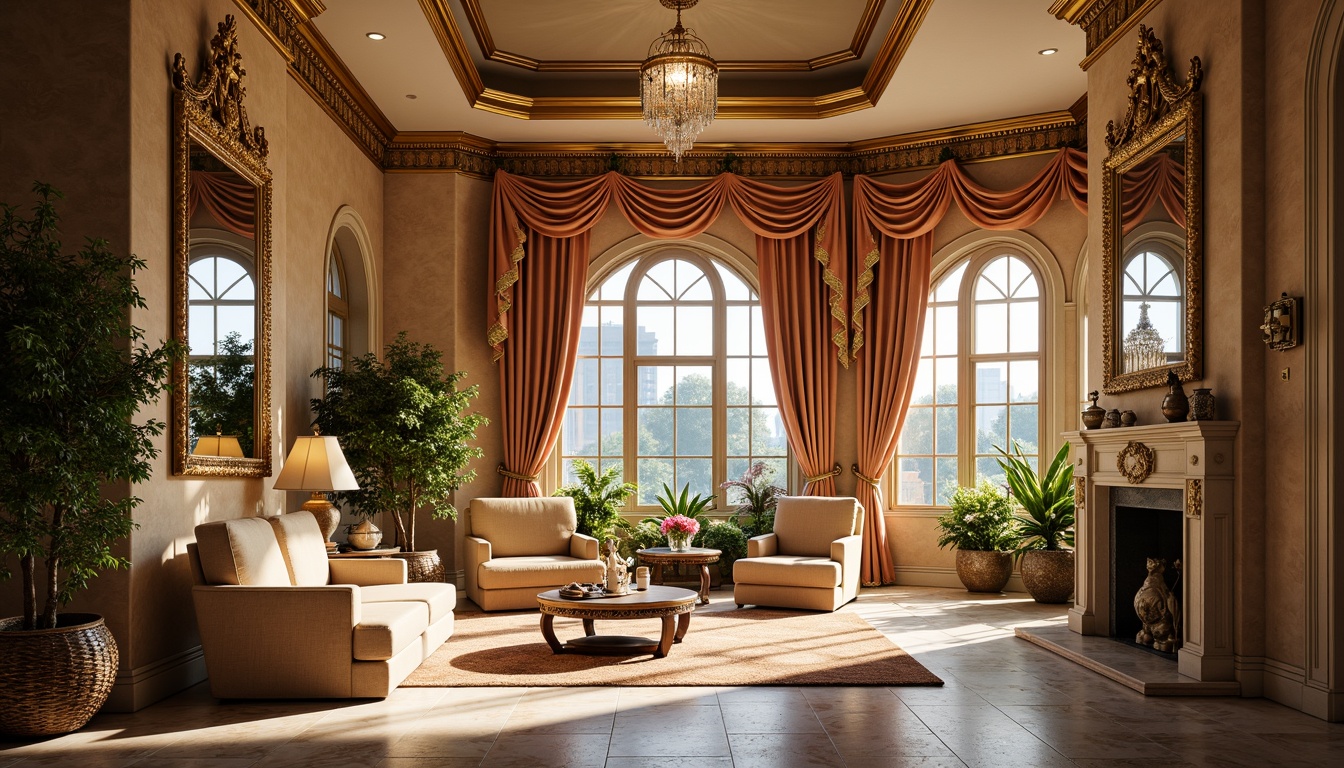 Prompt: Ornate sunroom, rich velvet drapes, golden accents, intricately carved wooden furniture, ornamental mirrors, crystal chandeliers, marble floors, warm beige walls, lavish furnishings, sumptuous textiles, Baroque-inspired architecture, grandiose columns, sweeping arches, soft natural light, warm color palette, 1/1 composition, dramatic shadows, realistic reflections, ambient occlusion.