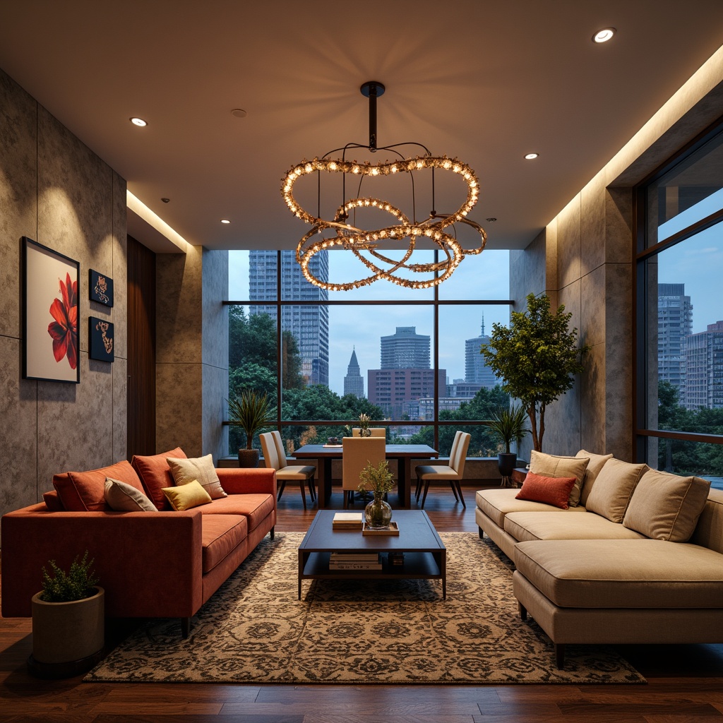 Prompt: \Elegant modern living room, statement lighting fixtures, sculptural chandeliers, warm ambient glow, textured concrete walls, polished wooden floors, plush velvet sofas, geometric patterned rugs, floor-to-ceiling windows, city skyline views, soft diffused natural light, 1/1 composition, realistic shadows, atmospheric rendering, sophisticated color palette.\