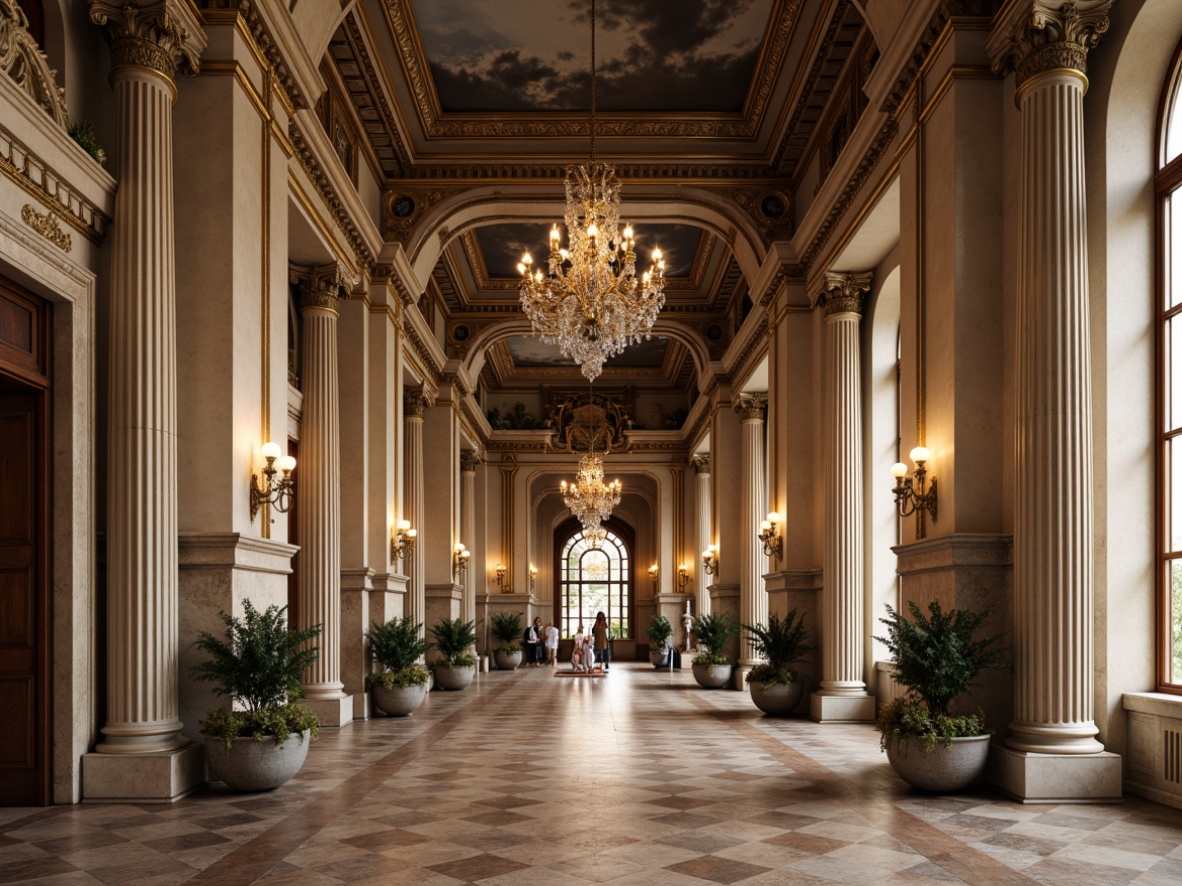 Prompt: Grand hall, neoclassical architecture, ornate columns, ionic capitals, fluted shafts, carved marble bases, intricate moldings, polished bronze fixtures, crystal chandeliers, frescoed ceilings, lavish drapery, regal atmosphere, soft warm lighting, shallow depth of field, 1/1 composition, realistic textures, ambient occlusion.