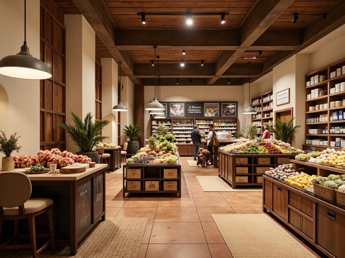 Prompt: Academic-style grocery store interior, warm beige walls, rich wood accents, earthy terracotta flooring, vintage metal shelves, distressed wooden crates, rustic ceramic tiles, natural fiber rugs, soft warm lighting, elegant signage, neutral color palette, cream-colored columns, industrial-chic pendant lamps, modern minimalist fixtures, subtle texture variations, shallow depth of field, 1/2 composition, realistic material renderings.