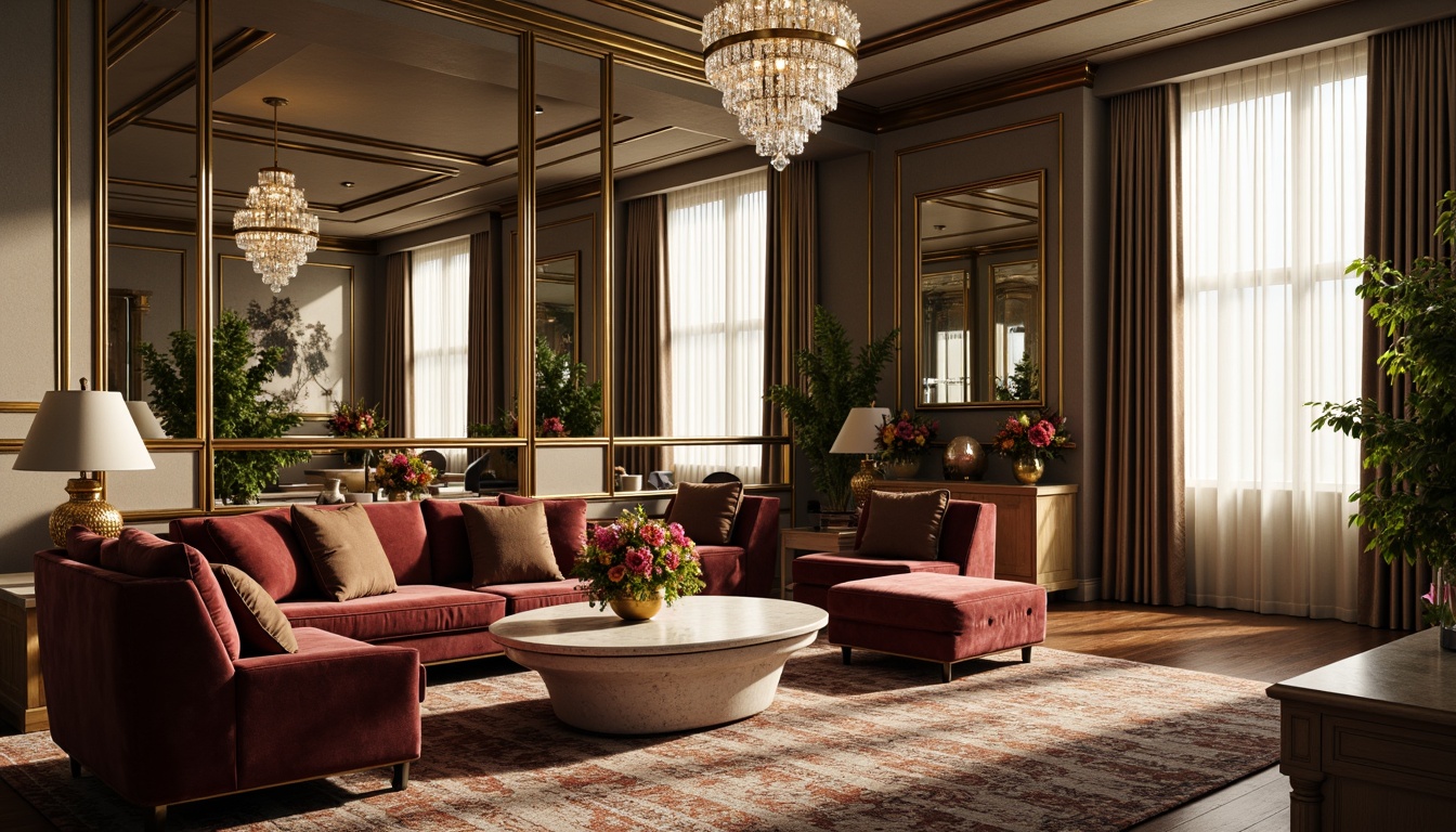 Prompt: Luxurious living room, ornate mirrors, crystal chandeliers, velvet sofas, marble coffee tables, patterned rugs, golden vases, fresh flowers, elegant curtains, floor-to-ceiling windows, natural light pouring in, soft warm lighting, 1/1 composition, intimate atmosphere, realistic textures, ambient occlusion.