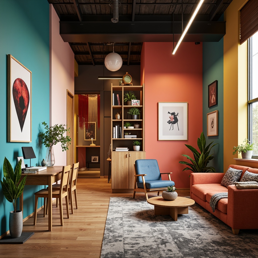 Prompt: Vibrant modern design studio, sleek minimalist interior, bold contrasting colors, bright accent walls, pastel shades, metallic finishes, rich wood textures, industrial-chic lighting fixtures, eclectic artwork, playful geometric patterns, warm ambient lighting, shallow depth of field, 1/1 composition, realistic rendering.