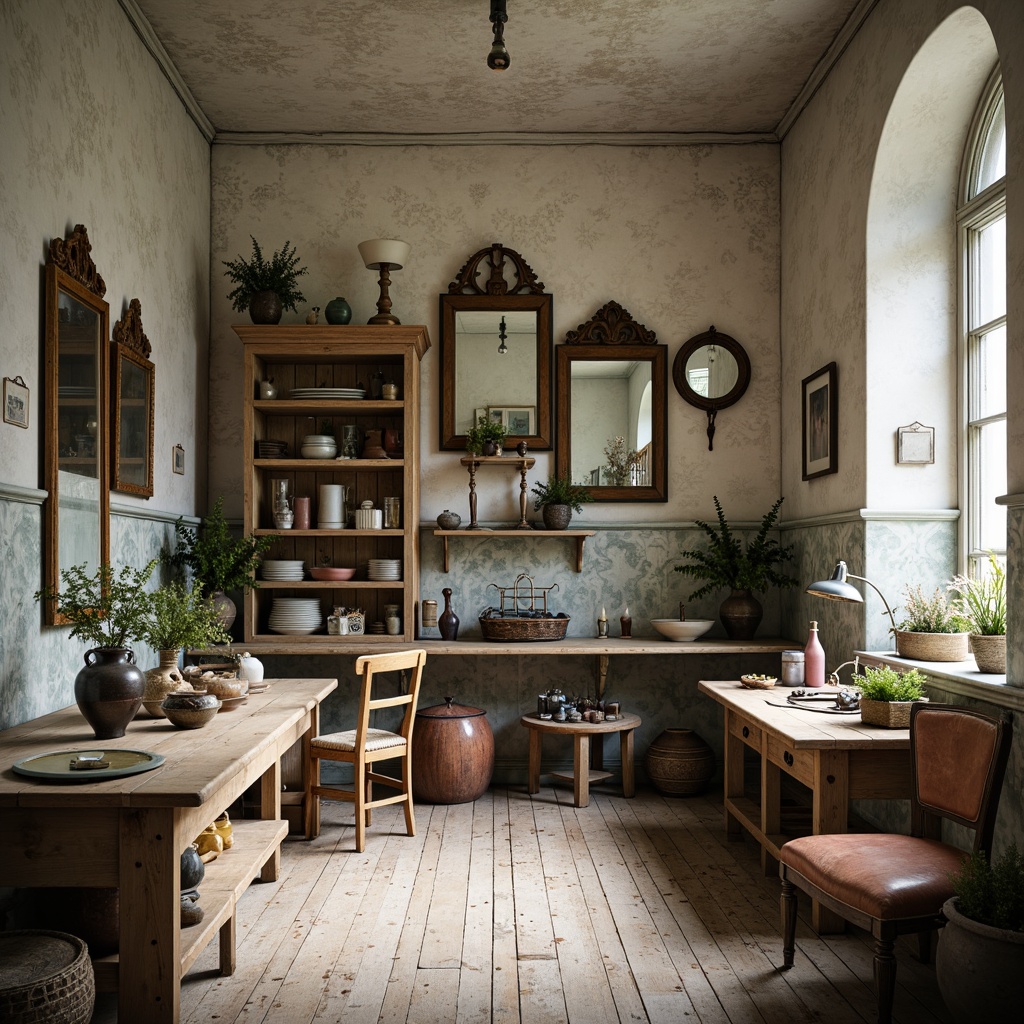 Prompt: Distressed wooden furniture, vintage laboratory equipment, soft pastel hues, muted whites, creams, pale blues, dusty roses, worn leather accents, rustic metal fixtures, antique scientific instruments, ornate mirrors, delicate lace patterns, subtle floral motifs, warm candlelight, shallow depth of field, 1/2 composition, realistic textures, ambient occlusion.