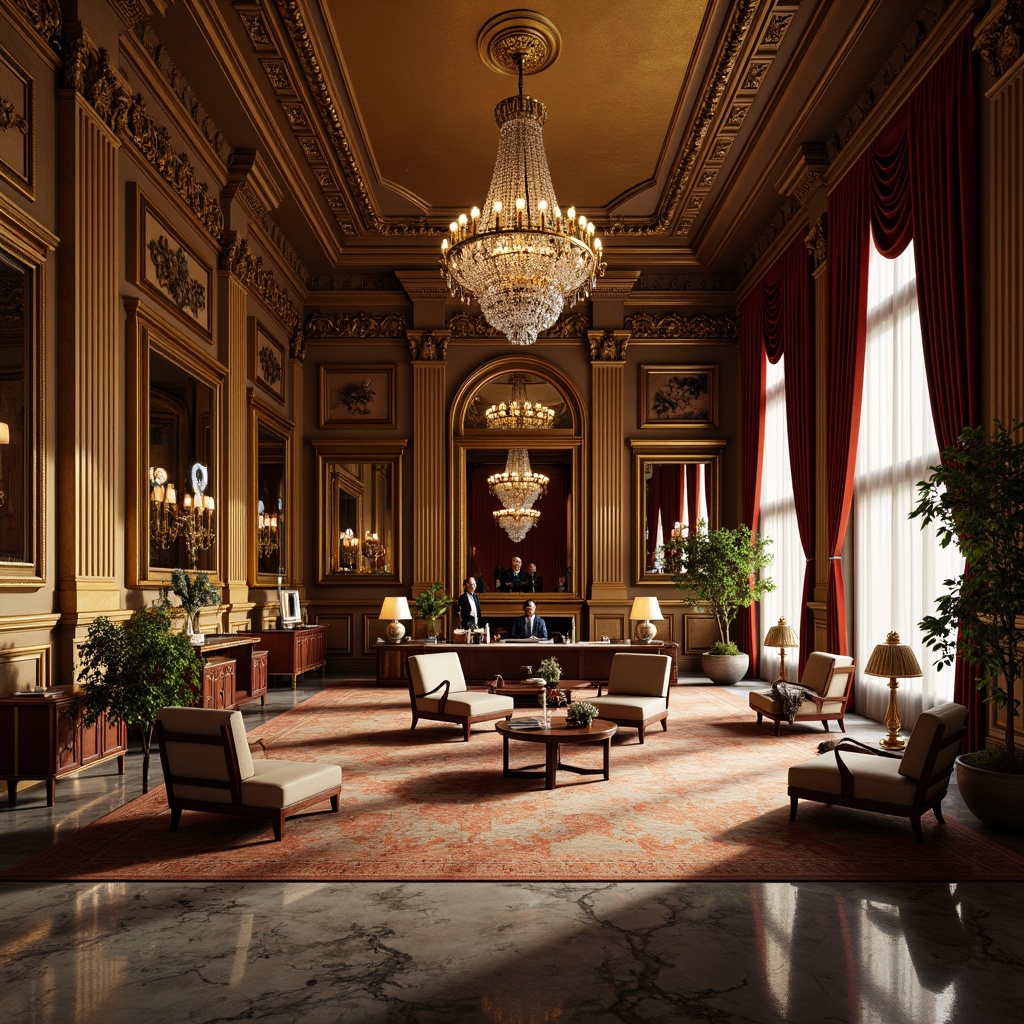 Prompt: Luxurious office interior, opulent furnishings, intricately carved wooden paneling, gilded frames, ornate mirrors, rich velvet drapes, majestic crystal chandeliers, refined marble floors, sophisticated Baroque architecture, grandiose columns, sweeping archways, lavish textiles, intricate patterns, warm golden lighting, dramatic shadows, 1/2 composition, low-angle shot, cinematic atmosphere, highly detailed renderings.