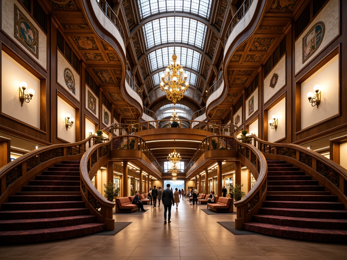 Prompt: Elegant metro station, grand staircase, ornate ironwork, flowing curves, organic patterns, luxurious materials, velvet upholstery, polished brass accents, stained glass ceilings, intricate mosaics, soft warm lighting, shallow depth of field, 3/4 composition, symmetrical architecture, richly textured fabrics, Art Nouveau-inspired motifs, fluid lines, curved benches, ornate lamp posts, grand chandeliers, refined wooden panels, sophisticated color palette, busy urban atmosphere.