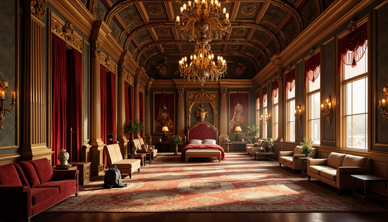 Prompt: Ornate palace interior, rich velvet fabrics, luxurious gold accents, carved wooden furniture, intricately patterned rugs, grandiose chandeliers, ornamental mirrors, lavish drapery, majestic throne-like chairs, regal canopied beds, gilded frames, sculptural decorations, warm golden lighting, dramatic shadows, high-contrast composition, symmetrical arrangement, opulent textures, realistic reflections.