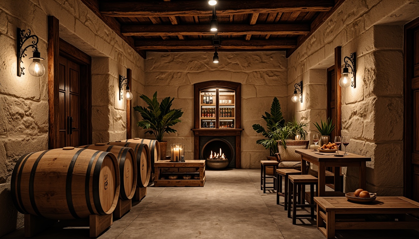 Prompt: Rustic winery interior, traditional stone walls, earthy tones, wooden accents, vintage wine barrels, dim warm lighting, rich textures, natural materials, brick archways, distressed wood beams, wrought iron fixtures, ornate metalwork, aged wooden crates, soft candlelight, shallow depth of field, 1/2 composition, realistic renderings, ambient occlusion.