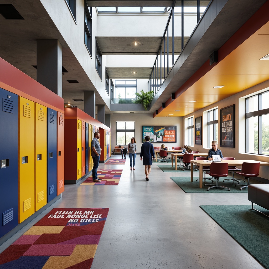 Prompt: Vibrant high school interior, modern aesthetic, bold color accents, bright corridors, dynamic lockers, sleek metal doors, polished concrete floors, minimalist classrooms, ergonomic furniture, collaborative workspaces, inspirational quotes, motivational posters, natural light pouring, floor-to-ceiling windows, geometric patterned rugs, textured walls, industrial-style lighting fixtures, youthful energy, lively atmosphere, 1/2 composition, shallow depth of field, realistic textures, ambient occlusion.