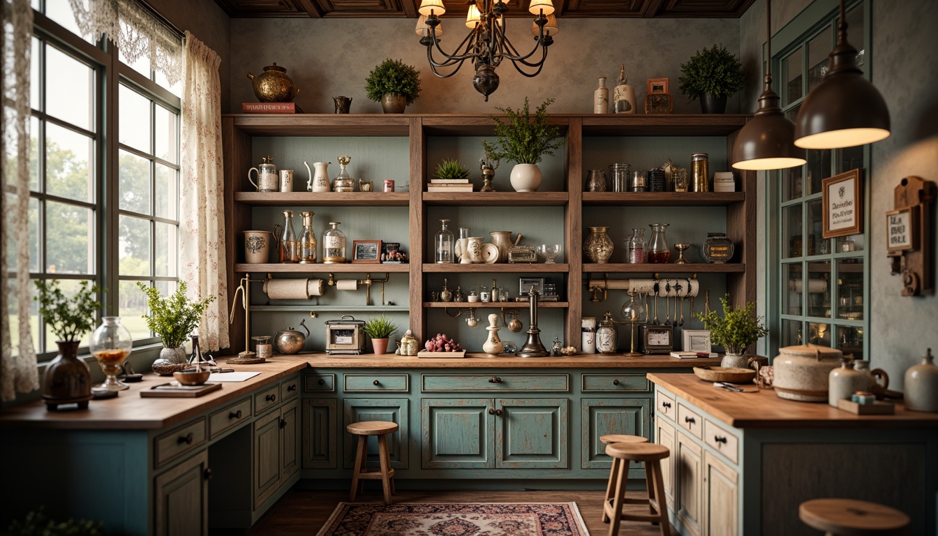 Prompt: Distressed wooden shelves, vintage laboratory equipment, ornate metal fixtures, soft pastel hues, lace curtains, floral patterns, distressed finishes, rustic wood accents, antique scientific instruments, feminine touches, elegant chandeliers, warm candlelight, shallow depth of field, 1/1 composition, realistic textures, ambient occlusion.