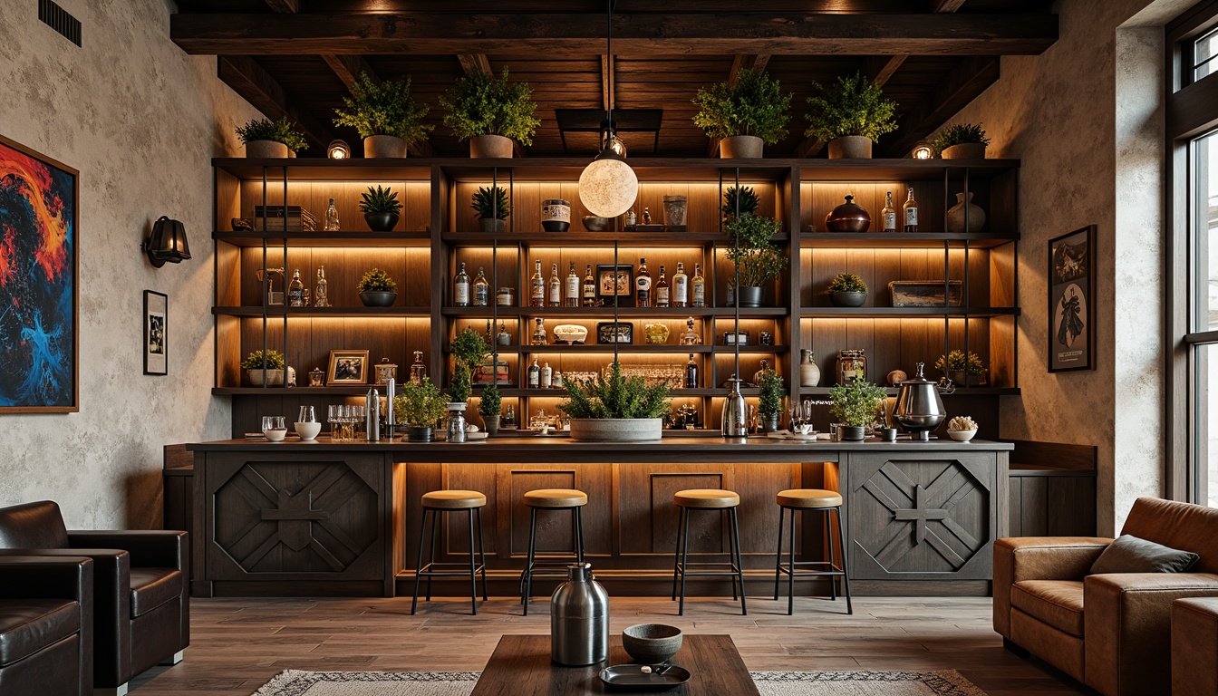 Prompt: Whimsical home bar, eclectic decor, distressed wooden shelves, ornate metal brackets, vintage liquor cabinets, rustic stone walls, warm pendant lighting, rich wood tones, geometric patterns, metallic accents, abstract artwork, bold color schemes, asymmetrical composition, dramatic shadows, 3/4 camera angle, shallow depth of field, realistic textures.