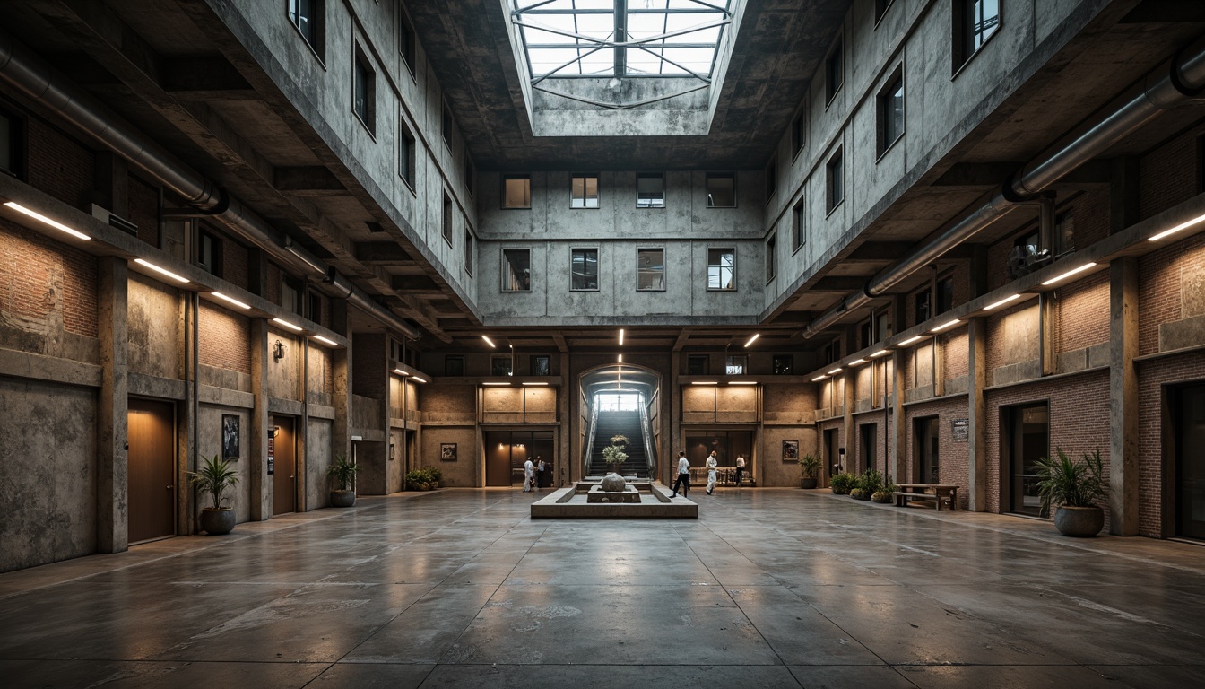 Prompt: Gymnasium brutalism architecture, industrial chic atmosphere, exposed concrete walls, metallic beams, raw steel columns, functional pipes, utilitarian lighting fixtures, distressed wood accents, weathered brick textures, muted color palette, earthy tones, rugged materials, imposing scale, dramatic shadows, high-contrast lighting, atmospheric mist, 1/1 composition, symmetrical framing, gritty realistic render.