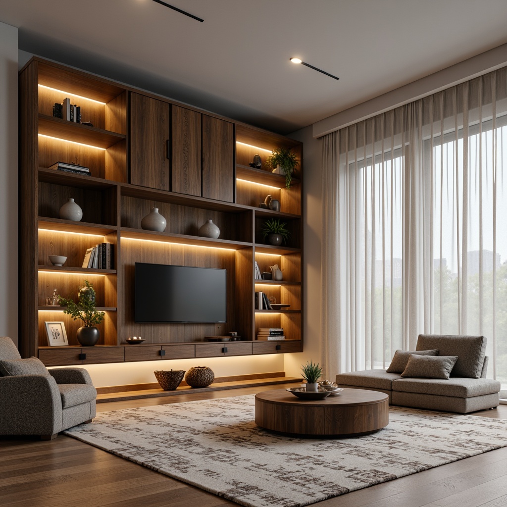 Prompt: Modern minimalist living room, sleek built-in shelves, floating wooden cabinets, hidden LED lighting, cozy reading nook, plush throw pillows, geometric patterned rug, floor-to-ceiling windows, natural oak flooring, warm ambient glow, shallow depth of field, 1/1 composition, realistic textures, soft box lighting.