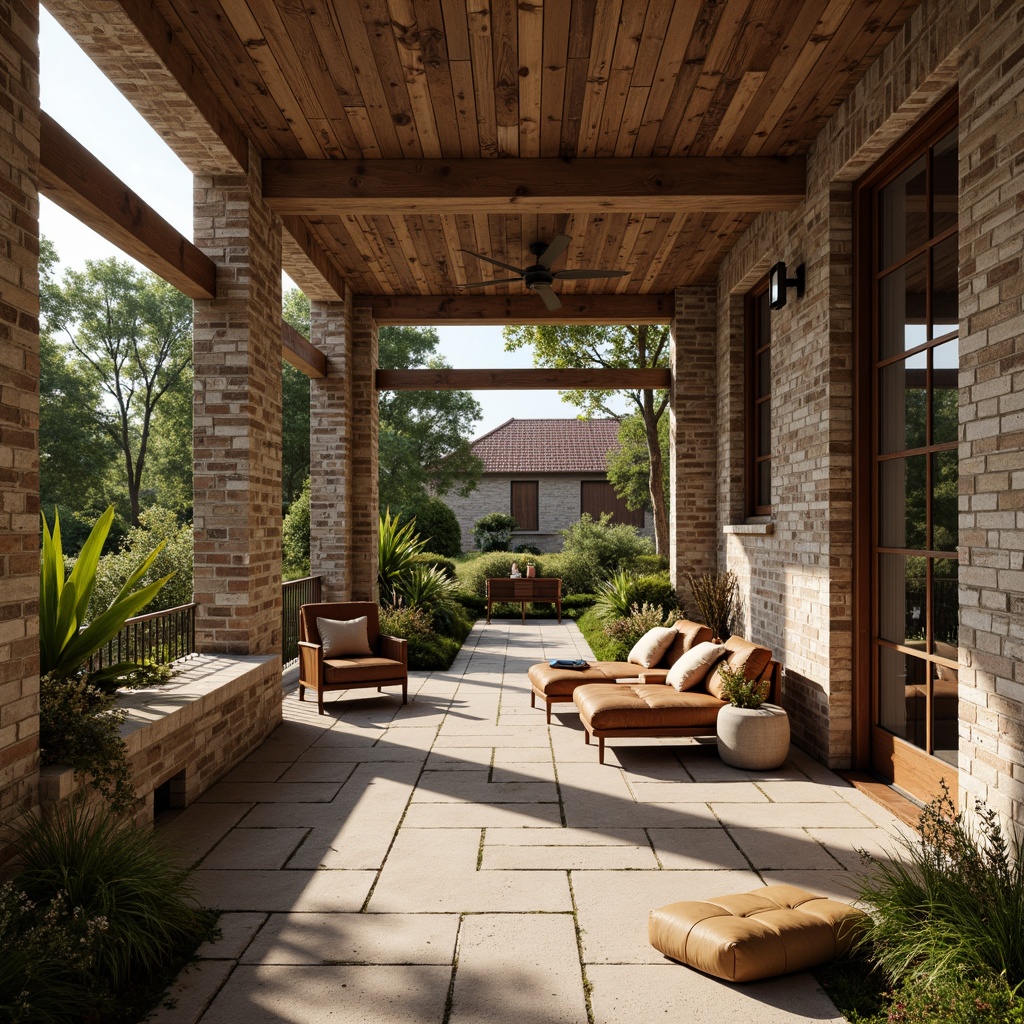 Prompt: Rustic wooden accents, earthy brown tones, warm beige hues, natural stone textures, vintage metal fixtures, distressed finishes, rich leather upholstery, classic brick exteriors, traditional shingle roofs, lush greenery surroundings, sunny afternoon lighting, soft warm shadows, 3/4 composition, realistic wood grain details, ambient occlusion.