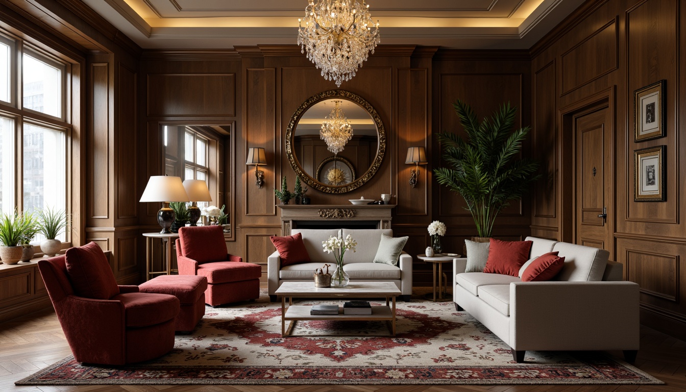 Prompt: Luxurious living room, velvet sofas, marble coffee tables, ornate mirrors, crystal chandeliers, plush area rugs, rich wood paneling, neutral color palette, sophisticated ambiance, warm soft lighting, subtle shading, 1/1 composition, intimate atmosphere, realistic textures, ambient occlusion.