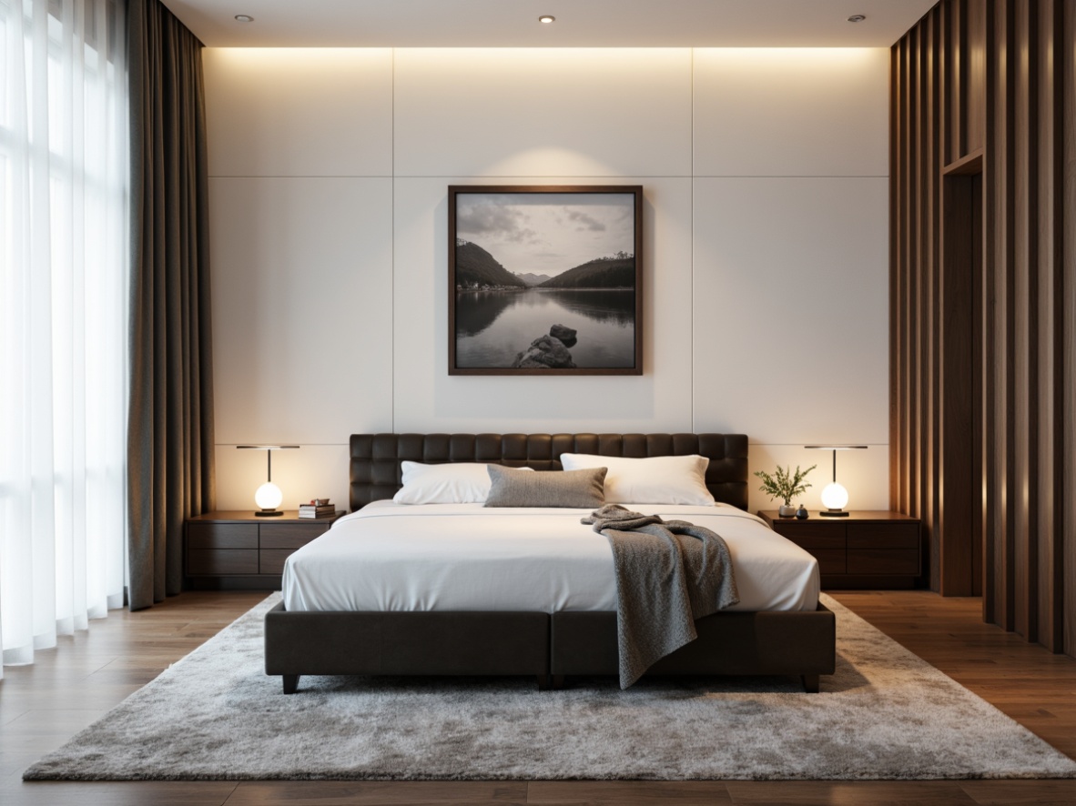 Prompt: Monochromatic modern bedroom, sleek low-profile bedframe, tufted headboard, velvet upholstery, minimalist nightstands, abstract artwork, soft warm ambient lighting, creamy white walls, rich walnut wood accents, plush area rug, floor-to-ceiling windows, sheer curtains, 1/2 composition, shallow depth of field, subtle texture overlays.