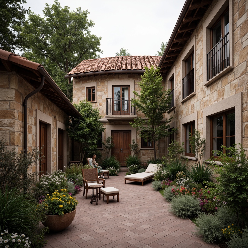 Prompt: Rustic stone walls, distressed wood accents, steeply pitched roofs, curved terracotta tiles, ornate ironwork, decorative shutters, soft stucco finishes, warm earthy colors, lush greenery, overflowing flower boxes, vintage outdoor furniture, soft candlelight, shallow depth of field, 1/1 composition, intimate close-up shots, realistic textures, ambient occlusion.