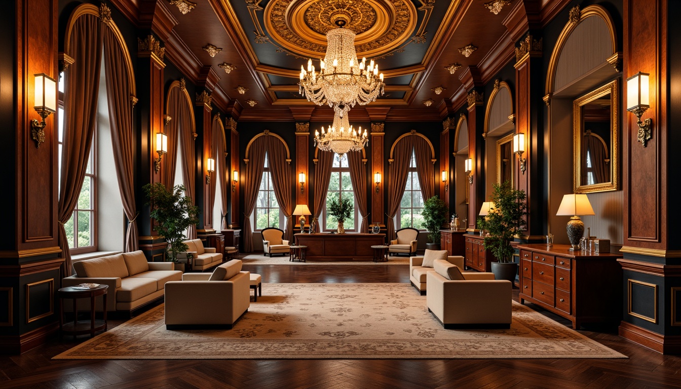 Prompt: Opulent office space, luxurious furniture, rich wood accents, ornate mirrors, crystal chandeliers, golden lighting fixtures, intricate metalwork, velvet drapes, lavish textiles, majestic architecture, grandiose ceiling designs, soft warm glow, ambient illumination, indirect lighting, 1/2 composition, shallow depth of field, realistic reflections.