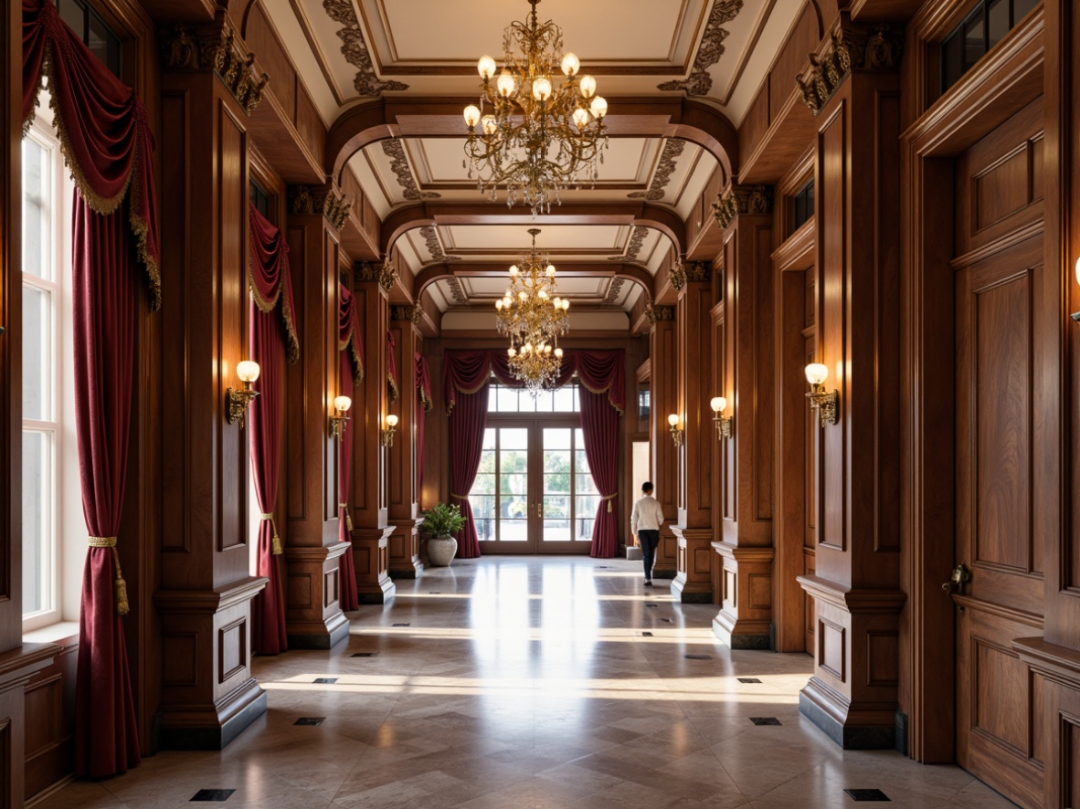 Prompt: Elegant hallway, high ceilings, ornate moldings, marble floors, polished wood paneling, intricate carvings, gilded accents, luxurious fabrics, velvet drapes, crystal chandeliers, neoclassical columns, soft warm lighting, subtle shadowing, 1/1 composition, symmetrical arrangement, rich textures, ambient occlusion.