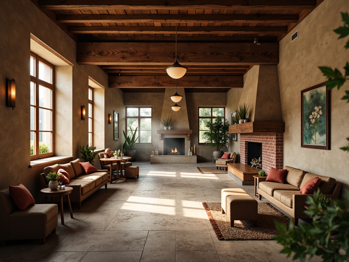 Prompt: Rustic student halls, wooden accents, earthy tones, warm beige walls, natural stone floors, reclaimed wood furniture, cozy fireplaces, vintage decor, distressed textures, earthy red bricks, greenery surroundings, misty morning light, soft warm glow, shallow depth of field, 3/4 composition, realistic renderings, ambient occlusion.