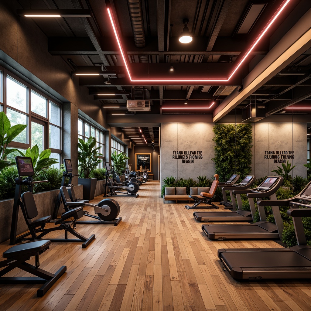 Prompt: Contemporary home gym, sleek fitness equipment, metallic accents, vibrant neon lights, industrial-chic concrete walls, polished wooden floors, mirrored surfaces, modern minimalist decor, motivational quotes, refreshing greenery, tropical plants, natural stone features, ambient warm lighting, 3/4 composition, realistic textures, shallow depth of field.