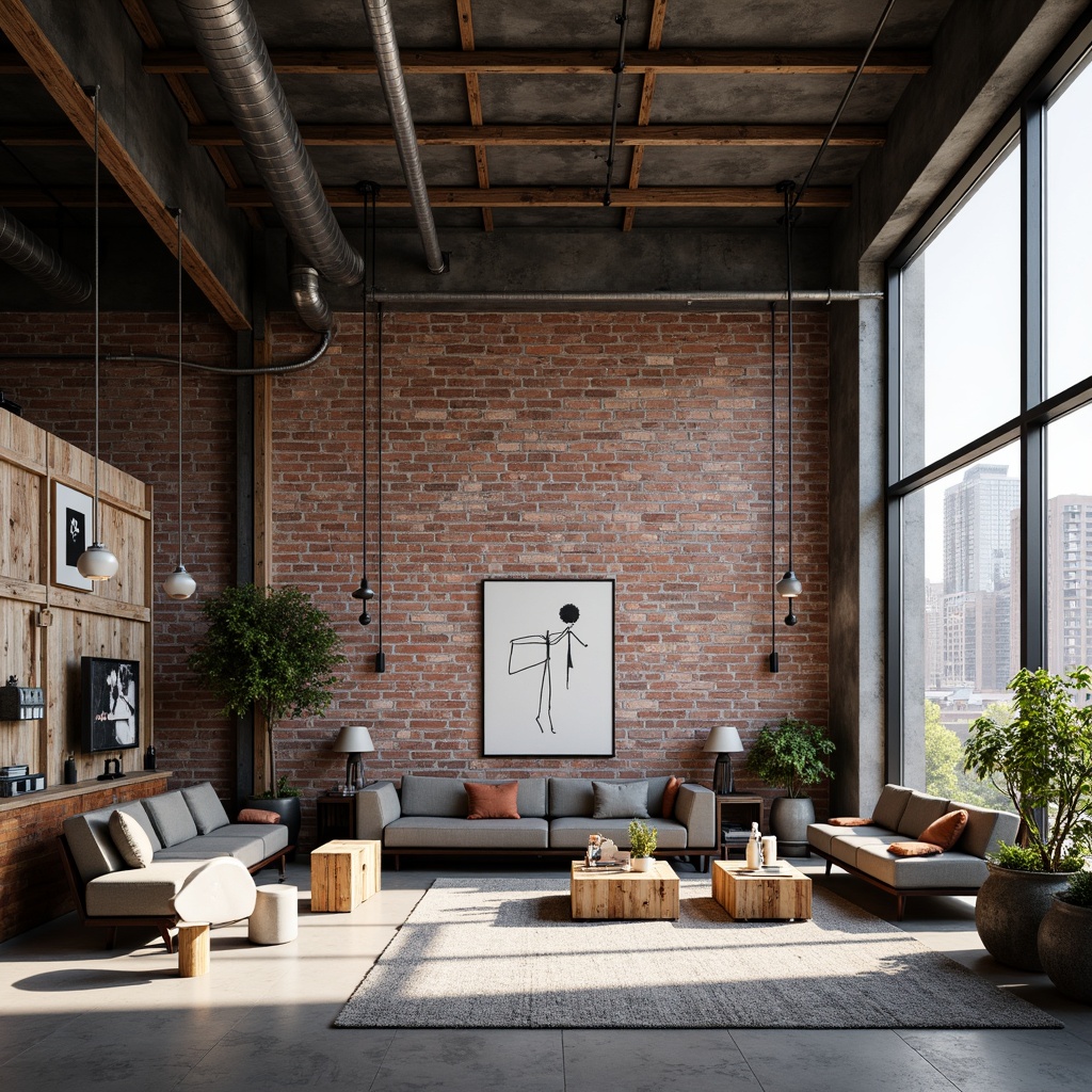 Prompt: Exposed brick walls, metal beams, reclaimed wood accents, industrial-style lighting fixtures, concrete floors, minimal decor, functional pipes, urban cityscape views, large windows, natural light, airy atmosphere, modern furniture pieces, sleek lines, neutral color palette, distressed textures, edgy architectural details, steel columns, mechanical equipment displays, abstract artwork, urban loft ambiance, gritty realistic render, high-contrast lighting, dramatic shadows, 1/1 composition, cinematic camera angles.