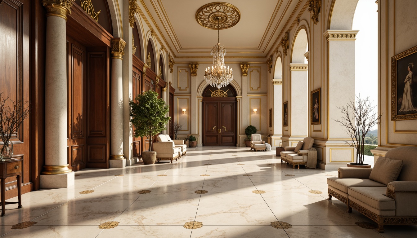 Prompt: Elegant marble floors, ornate wooden paneling, intricately carved stone facades, grandiose columns, ornamental metalwork, lavish crystal chandeliers, richly upholstered furniture, subtle gold leaf accents, soft cream-colored walls, high ceilings, symmetrical compositions, warm golden lighting, shallow depth of field, 2/3 composition, realistic textures, ambient occlusion.