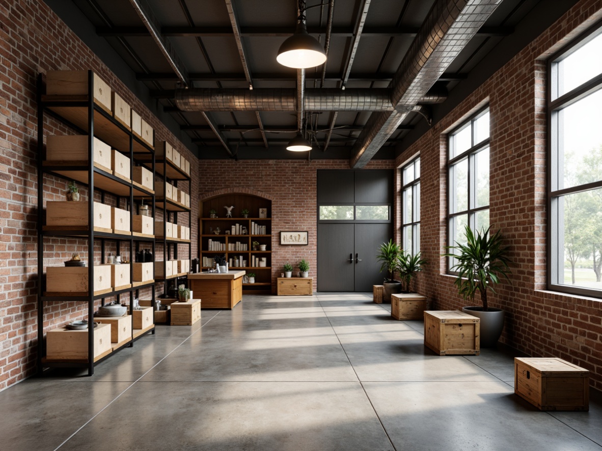 Prompt: Industrial storage room, exposed brick walls, metal shelving units, wooden crates, functional lighting, concrete flooring, minimalist decor, rustic metal doors, distressed wood accents, urban loft aesthetic, reclaimed wood textures, earthy color palette, soft natural light, shallow depth of field, 1/1 composition, realistic renderings, ambient occlusion.