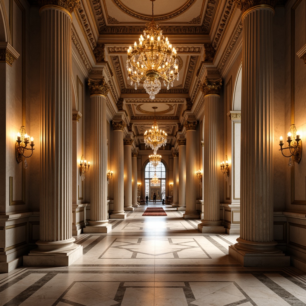 Prompt: Elegant grand hall, neoclassical architecture, ornate columns, fluted shafts, Corinthian capitals, carved stone bases, polished marble floors, crystal chandeliers, high ceilings, vaulted roofs, symmetrical composition, dramatic lighting, warm golden tones, intricate moldings, ornamental pilasters, ceremonial atmosphere, refined textures, subtle color palette, classical proportions, 1/1 perspective, sharp focus, realistic rendering.