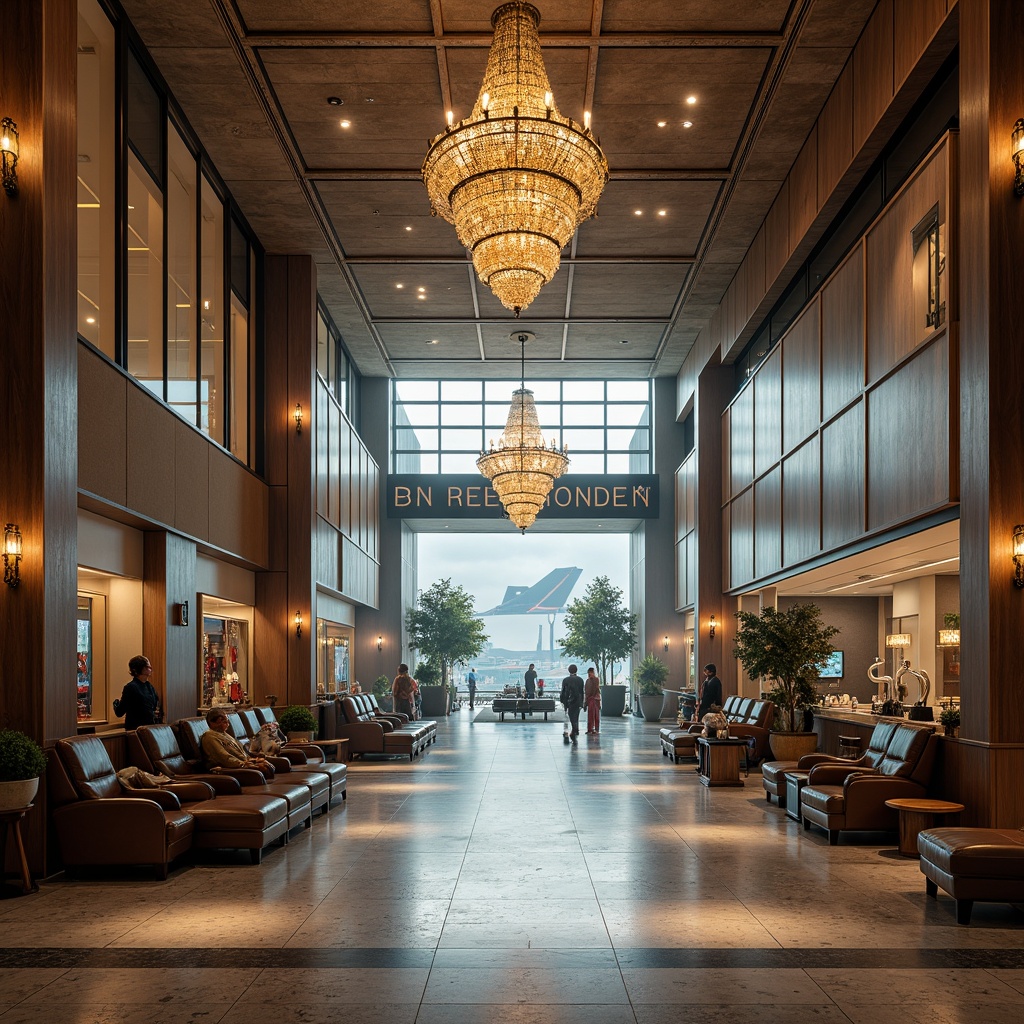 Prompt: Luxurious airport terminal, high ceilings, grand chandeliers, marble flooring, bronze metal accents, ornate details, classic columns, sophisticated signage, leather lounge chairs, polished wood paneling, elegant lighting fixtures, soft warm tones, atmospheric mist, shallow depth of field, 1/1 composition, realistic textures, ambient occlusion.