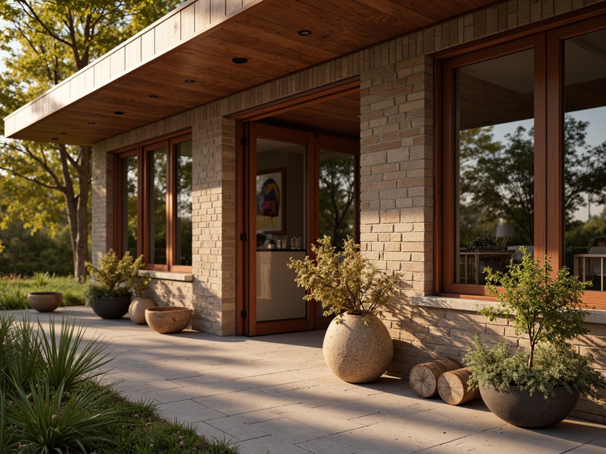 Prompt: Earthy tones, natural materials, wooden accents, stone foundations, rustic metalwork, warm lighting, cozy ambiance, nature-inspired hues, rich brown wood, earthy red brick, soft sage greenery, muted beige stonework, warm golden lighting, shallow depth of field, 1/1 composition, realistic textures, ambient occlusion.