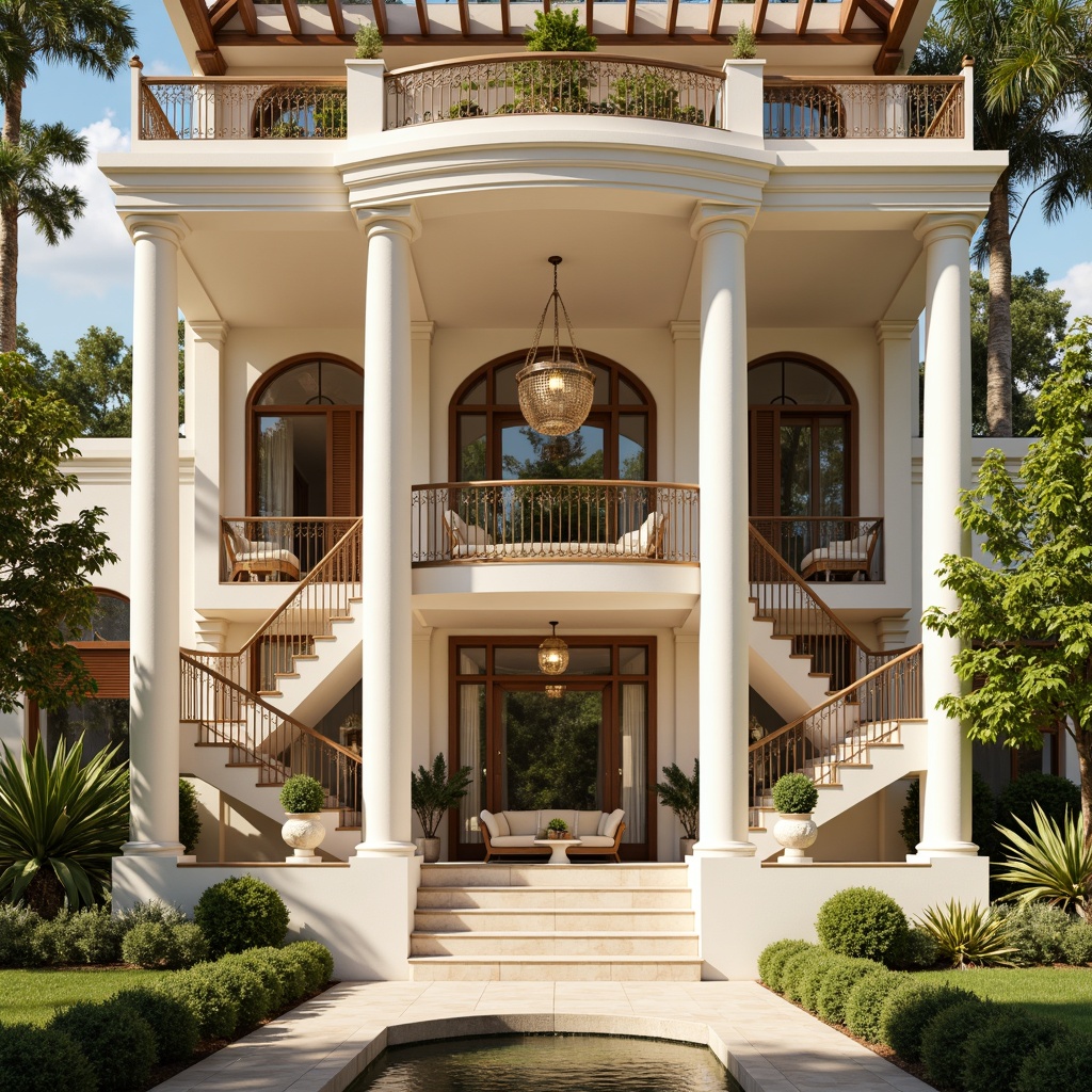 Prompt: Elegant villa facade, neoclassical columns, ornate balustrades, grand entrance doors, sweeping staircases, marble flooring, crystal chandeliers, intricate moldings, soft cream-colored walls, tall windows with shutters, lush greenery, manicured lawns, serene fountain, sunny day, warm golden lighting, shallow depth of field, 1/1 composition, realistic textures, ambient occlusion.