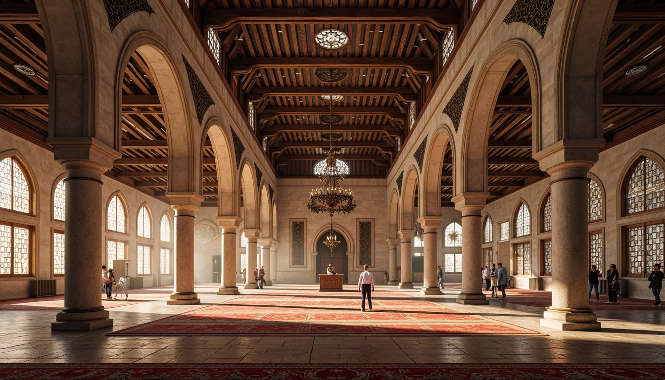 Prompt: Grand mosque interior, ornate arches, intricate Islamic patterns, prayer rugs, mihrab niche, minbar pulpit, qibla direction, natural stone flooring, stained glass windows, vaulted ceilings, soft warm lighting, shallow depth of field, 3/4 composition, panoramic view, realistic textures, ambient occlusion.