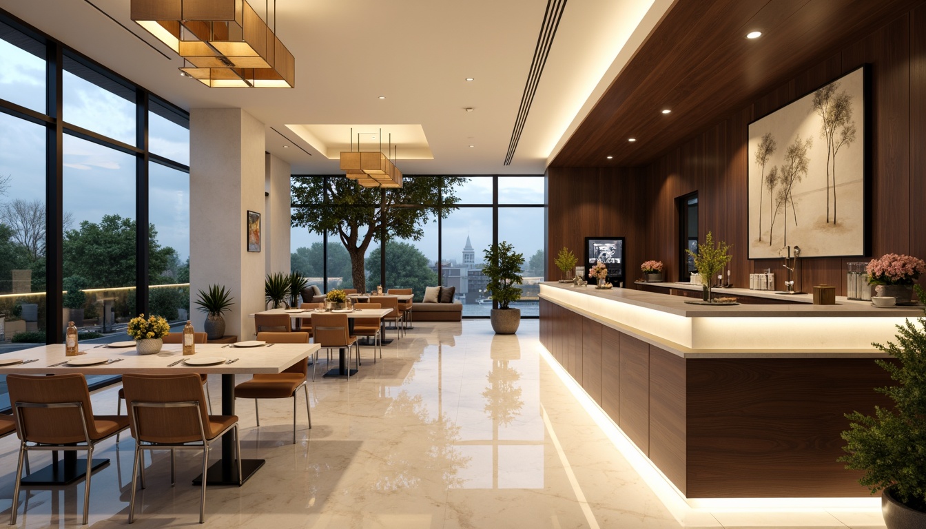 Prompt: Streamlined modern dining area, sleek minimalist tables, polished chrome chairs, creamy white marble floors, ambient warm lighting, soft box-shaped pendant lamps, LED strip lights under countertops, floor-to-ceiling windows, natural daylight, subtle shadows, 1/1 composition, realistic reflections, shallow depth of field, atmospheric misty effects, elegant candelabras, luxurious textiles, rich wood accents, sophisticated color palette, modern abstract artwork, lush greenery, peaceful atmosphere.