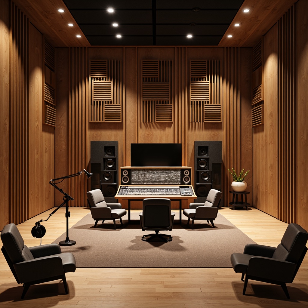 Prompt: Soundproof recording studio, professional audio equipment, wood-grain acoustic panels, geometric pattern designs, sound-absorbing materials, minimalist decor, comfortable seating areas, natural ambient lighting, 1/1 composition, soft focus blur, realistic textures, warm color tones, intimate setting, relaxed atmosphere, shallow depth of field.